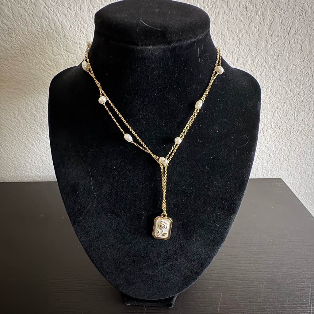 Full Tilt Necklace Gold Toned Small White Beads With A Rose Framed Pendant New